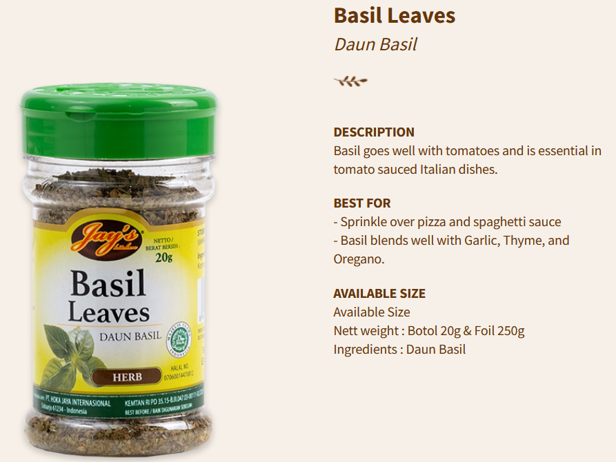 Jays Herbs Basil Leaves 20g