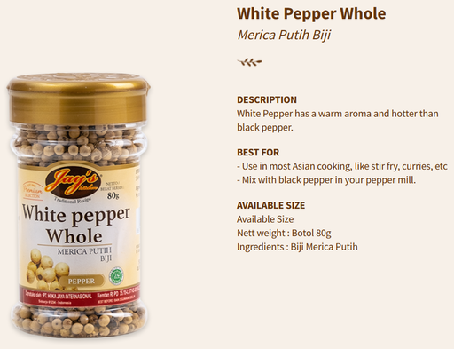 Jays Spices White Pepper Whole 80g